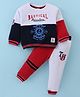 ToffyHouse 100% Cotton Knit Full Sleeves Colour Block Text Printed T-Shirt & Lounge Pant Set - Navy Blue Grey & Red