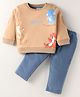 ToffyHouse Fleece Knit Full Sleeves Winter Wear T-Shirt & Lounge Pant Set With Animal Print - Tan