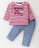 ToffyHouse 100% Knitted Cotton Full Sleeves Striped T-Shirt & Woven Corduroy Pants Set With Teddy Embroidery - Red & Sky Blue