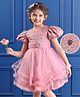 Mark & Mia Half Puffed Sleeves Floral Embroidered Layered Party Frock with Heart Applique - Pink