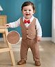 Mark & Mia Full Sleeves Solid Colour Textured Party Romper with Attached Waist Coat & Bow  - Light Brown & White