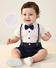 Mark & Mia Half Sleeves Solid Colour  Party Romper with Bow & Suspender - Navy & White