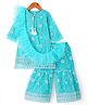 Babyhug Woven Three Fourth Sleeves  Net Sequined Embroidered Kurti Gharara Set with Frilled Dupatta - Aqua Blue