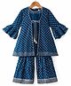 Babyhug Woven Top & Palazzo Set with Bell Sleeves Jacket Floral Foil Print & Embroidery - Teal Blue