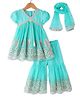 Babyhug Woven Half Puffed Sleeves Sequin & Floral Embroidered Kurta Gharara Set with Dupatta & Lace Detailing - Aqua Blue
