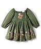 Babyhug Cotton Knit Full Peasant Sleeves Floral Printed Frock with Lace Detailing - Dark Green