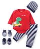 Babyhug 100% Cotton Knit Full Sleeves  Booties Striped &  Dino Printed Onesie with Leggings Pair of Mittens & Booties - Red