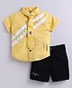 LITTLE COLLARS Half Sleeves Placement Text Printed Shirt With Shorts & Tie Set - Lemon