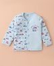 Cucumber Interlock Cotton Knit Full Sleeves Front Open Jhabla With Train Print - Light Blue