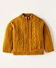 Yellow Apple Knit Full Sleeves High Neck Front Open Sweater with Cable Knit Design - Mustard