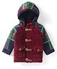 Yellow Apple Viscose Knit Full Raglan Sleeves Front Open Hooded Sweater with Checks - Maroon