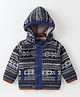 Yellow Apple Knitted Full Sleeves Hooded Sweatjacket with Aztec Design - Dark Grey
