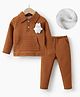 Kookie Kids Full Sleeves Winter T-Shirt & Lounge Pant Set With Animal Applique & Kangaroo Pockets - Brown