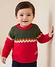 Doodle Poodle Knitted Full Sleeves Pullover Sweater with Colour Block & Jacquard Knit Design - Red & Green