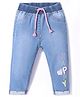 Little Kangaroos Cotton Knit Full Length Washed Denim Jeans with Text Embroidery - Light Blue