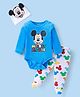Babyhug Disney Single Jersey Knit Full Sleeves  Onesie & Footed Diaper Leggings with Mickey Mouse Graphics & Cap - Blue