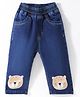 Little Kangaroos Cotton Denim Full Length Jeans with Teddy Patch - Dark Blue