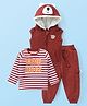 Babyhug Cotton Knit Sleeveless Front Zipper Hooded Vest With Striped T-Shirt & Joggers - Maroon