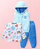 Babyhug Cotton Knit Sleeveless Hooded Front Zipper Jacket With T-Shirt & Lounge Pants Back to School Theme Printed - Blue