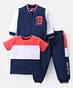 Babyhug Cotton Knit Full Sleeves Front Zipper Bomber Jacket With Color Block T-Shirt & Lounge Pants - Navy Red & White