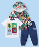 Babyhug Terry Knit Full Sleeves Jungle Theme Printed Hooded Sweatjacket & Lounge Pant Set with T-Shirt - Navy Blue & White