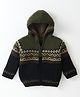 Yellow Apple Knitted Full Sleeves Front Open Hooded Sweater With Aztec Design - Olive Green