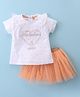 ToffyHouse 100% Cotton Knit Half Sleeves Top & Woven Mesh Skirt Set With Frill Detail & Hearts Print - White & Peach