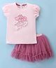 ToffyHouse 100% Cotton Knit Half Sleeves Hearts Printed Top & Skirt Set With Mesh Detailing - Peach