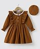 Kookie Kids Knit Full Sleeves Solid Colour Corduroy  Frock with Frill Detailing - Brown