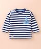 Pink Rabbit Single Jersey Knit Full Sleeves Striped T-Shirt with Text Print - Navy Blue & White