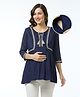 Bella Mama Woven Three Fourth Sleeves Embroidered Maternity Top with Jacket & Pocket - Navy Blue