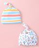 Babyhug 100% Cotton Interlock Knit Striped & Printed Caps with Knot Detailing - Pack of 2 - White & Blue