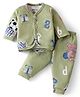 Bodycare Interlock Knit Full Sleeves Front Open Night Suit With Teddy & Football Print - Olive Green