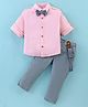 Simply Premium Woven Half Sleeves Solid Shirt & Trouser Set with Bow & Suspender - Pink & Grey