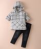 Simply Premium Cotton Woven Full Sleeves Hooded Checkered T-Shirt With Kangaroo Pocket & Denim Jeans - Off White & Black