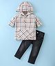 Simply Premium Cotton Woven Full Sleeves Hooded Checkered T-Shirt With Kangaroo Pocket & Denim Jeans - Khaki & Black