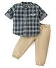 Simply Premium Cotton Woven Full Sleeves Mandarin Collar Checks Shirt & Pants Set - Dark Green & Beige
