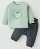 First Smile Sinker Knit Full Sleeves T-Shirt & Lounge Pants Set With Stripes & Text Print - Mint