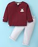 First Smile Cotton Knit Full Sleeves Henley T-Shirt & Lounge Pants Set With Teddy Patch - Wine & White