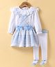 ToffyHouse Cotton Knit Checkered Frock & Full Sleeves Printed Inner T-Shirt & Stockings - Light Blue