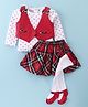 ToffyHouse 100% Cotton Knit Full Sleeves Hearts Printed Top With Woven Cotton Yarn Dyed Waist Coat & Checkered Skirt & Stockings - Red