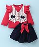 ToffyHouse 100% Cotton Knit Full Sleeves Frill Detailed Top With Woven Yarn Dyed Checkered Bow Appliques Waist Coat & Skirt - Red