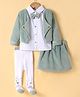 ToffyHouse Velvet Woven Heart Printed Top & Skirt Set With Full Sleeves Waistcoat Stockings & Bow Applique - Mint Green & White