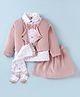 ToffyHouse Velvet Woven Full Sleeves Floral Printed Top & Skirt Set With Waistcoat & Stockings - White & Pink