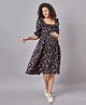 Mine4Nine Three Fourth Sleeves Frill Detailed Floral Printed Maternity Dress With Concealed Zipper Nursing Access - Navy Blue