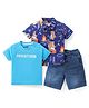 Babyhug Cotton Woven Half Sleeves Shirt With T-Shirt & Denim Shorts Set Camping Adventure Themed - Blue