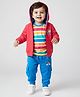 Babyhug Terry Knit Full Sleeves Front Open Hooded Sweatjacket & Lounge Pant Set with Striped T-Shirt Lorry Print  - Red & Blue