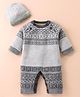 Yellow Apple Knit Full Raglan Sleeves Printed Winter Wear Romper with Cap - Grey