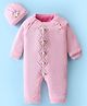 Yellow Apple Knit Full Sleeves Winter Romper with Cap Butterfly Design - Baby Pink