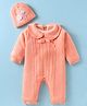 Yellow Apple Knit Full Sleeves Peter Pan Romper with Bow Applique & Cap - Peach